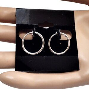 5/8" Non Pierced Ears Small Thin Tube Hoops Clip On Earrings 17mm Silver Plated